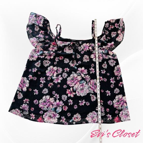 Torrid Black Pink Floral Chiffon Sz 18/20 Cold Shoulder Short Sleeve Top - Picture 9 of 9